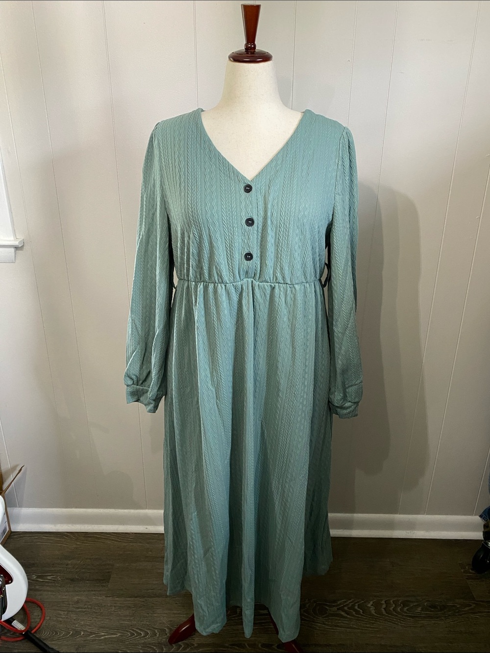 SHEIN Sage Green V-Neck Maxi Dress with Button Front
